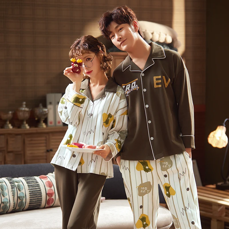 

New Sweet Couple Pajama Suit Women And Man Cotton Pajamas 2pcs Set Lover Sleepwear Family Pijama Night Suit Sweetheart Nightgown