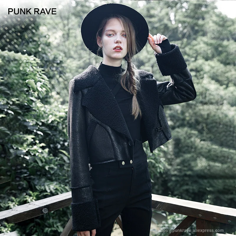 Женское короткое замшевое пальто PUNK RAVE готические куртки с отложным воротником и
