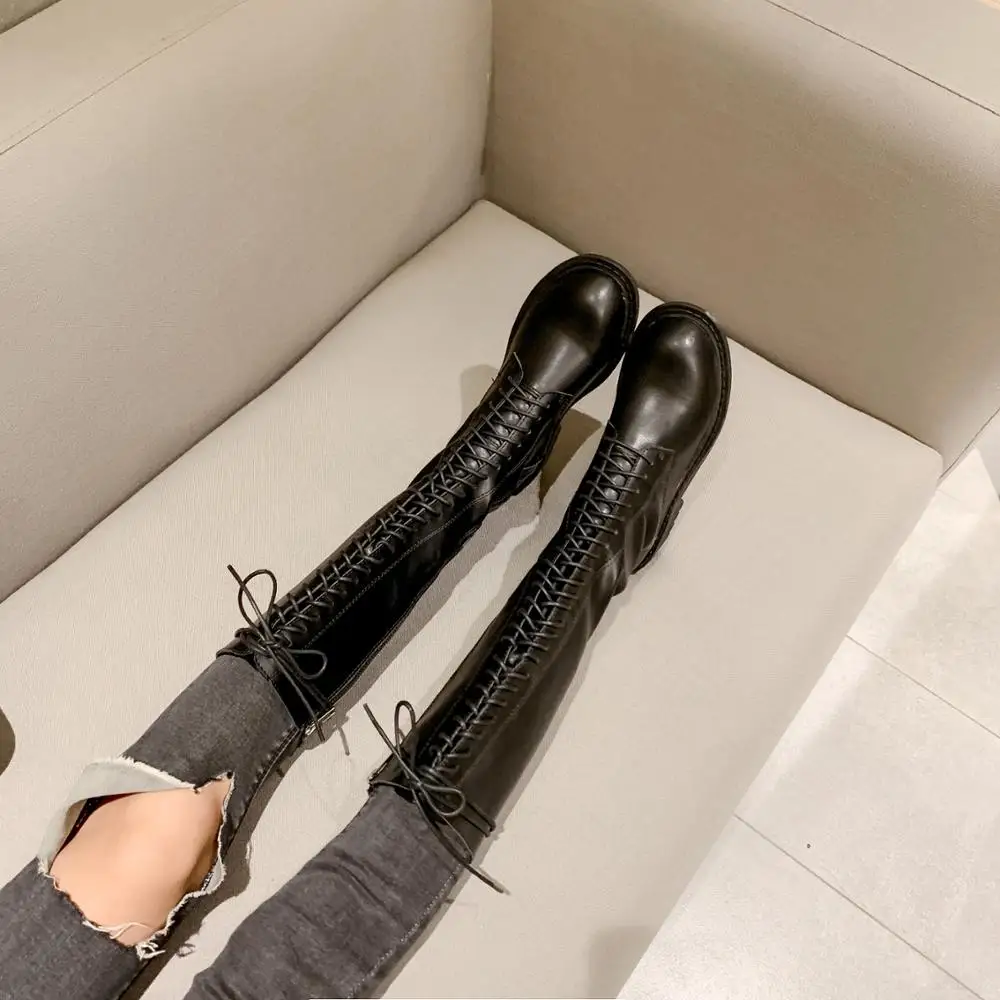 Высокие сапоги трубы на шнуровке Женские толстой подошве Зимние до колена с