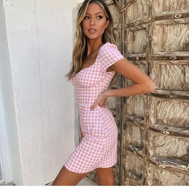 French court Retro Square Collar Plaid short-sleeved dress chic sexy halter waist slim a-line tide | Женская одежда