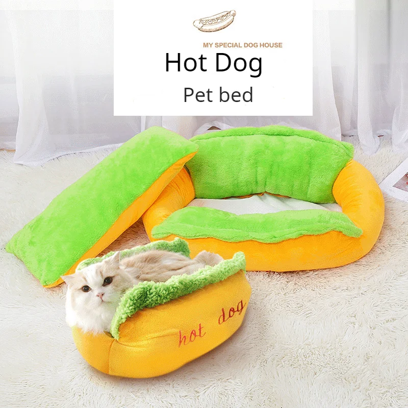 

Cartoon hot dog kennel to keep warm, removable and washable cat sofa oval plush dog bed pet supplies