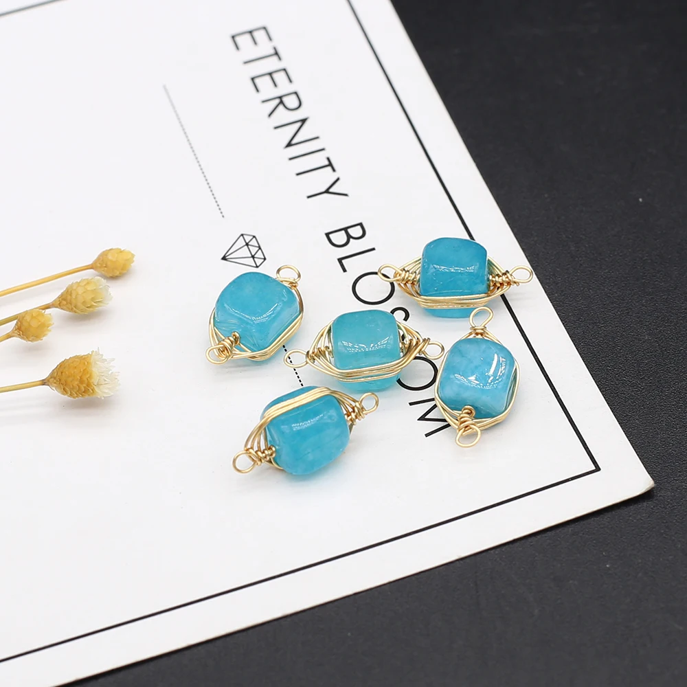 

2PCS Natural Stone Pendant Cube Winding Gold Wire Two Hole Connector Charms For Jewelry DIY Necklace Bracelet Accessories Making