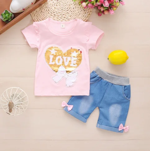 Комплекты летней одежды для девочек модные топы малышей + шорты спортивные