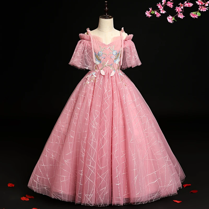 Детское длинное платье принцессы роскошное пушистое с вышивкой для