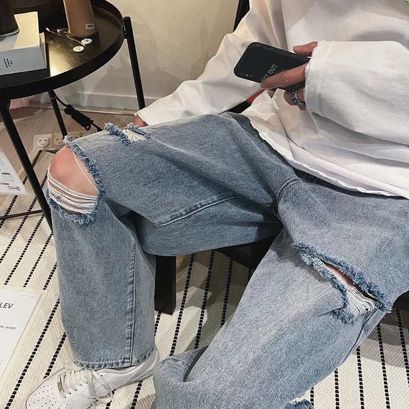 ICCLEK High Street Ripped Jeans Men's Loose Straight Leg 2021 New Pants Men Clothing  Jeans for Men  Baggy Jeans