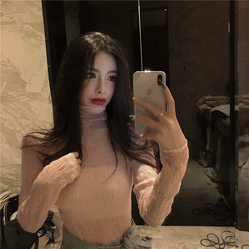 

women's long sleeve mesh T-shirts, soft crinkled Tops and semi-transparent elitists