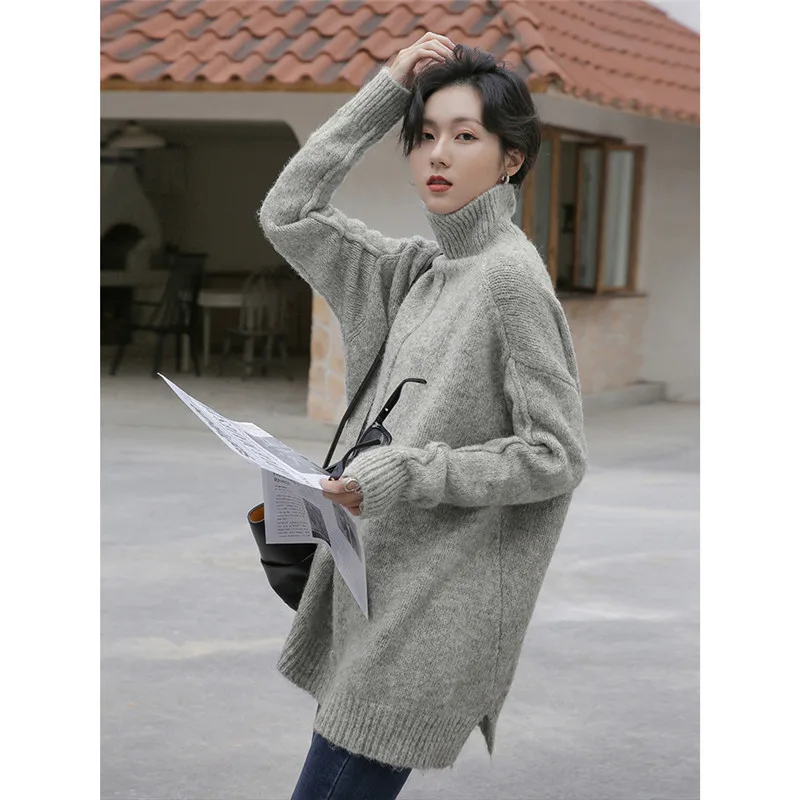 

2020 Korean Version Of The Autumn And Winter New Fashion Alpaca Blend High Neck Thick Loose Mid Length Sweater Female C227
