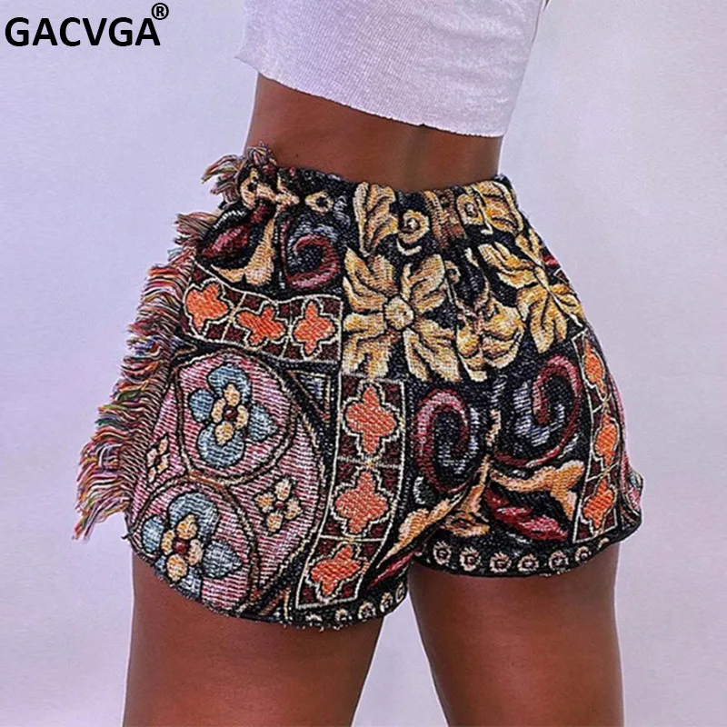 

GACVGA Vintage Print Shorts Women Summer Indie Folk Style Unique Side Tassel Patchwork Short Pants Hipster Female Clothing Traf