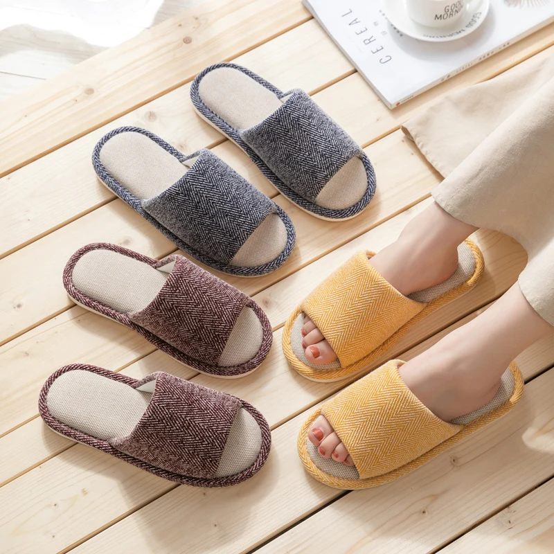 

Simple House Bedroom Women Hemp Slippers Breathable Comfortable Cotton Flax Ladies Floor Shoes Non-slip Lovers Men Slippers