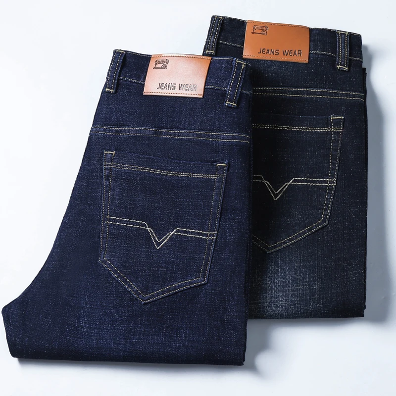 

2019 Large Size 40 42 44 Mens Jeans Classic Business Casual Trousers Stretch High Waist Loose Straight Denim Pants Black Blue