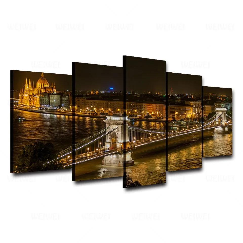 

Modular Vintage Night View Pictures 5 Panel Hungary City Home Decor Paintings On Canvas Bridge Wall Art For Living Room HD Print