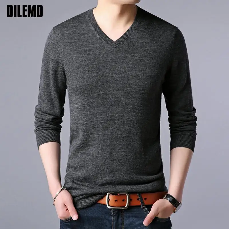 

100% Wool Top Grade New Fashion Brand Knit Mens V Neck Sweater Pullover Solid Color Casual Jumper Autum Winter Men's Clothing