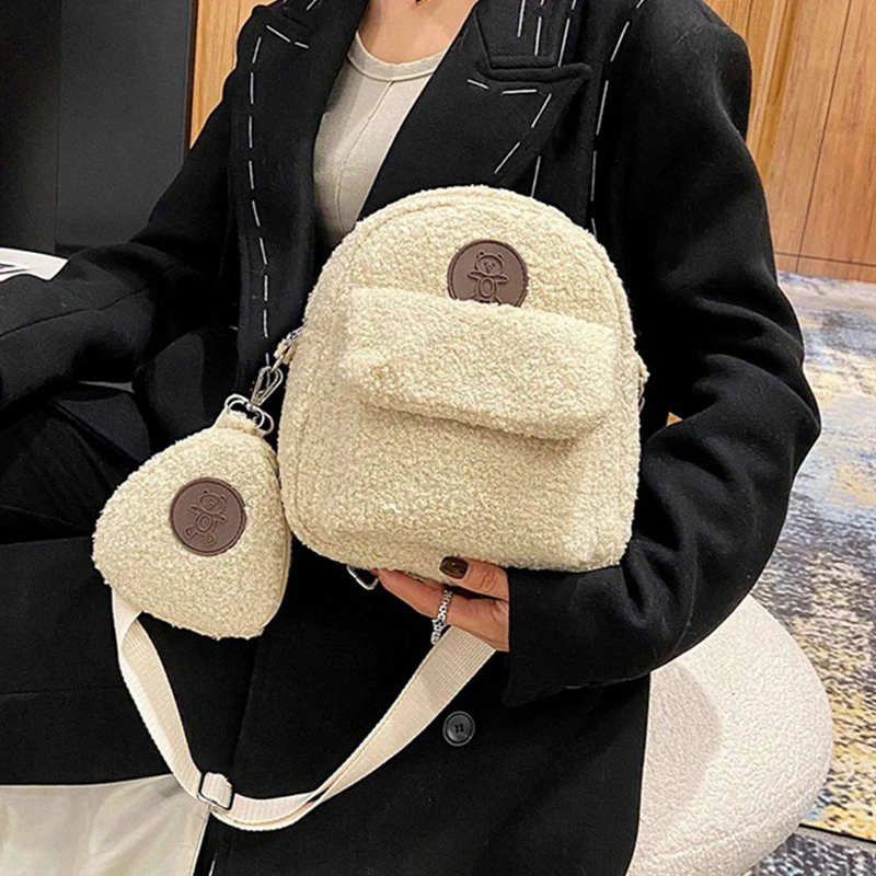 

Mini Artificial Lamb Wool Backpack With Coin Purse Crossbody Messenger Double Shoulder Bag Three in one For Women Girls Backpack