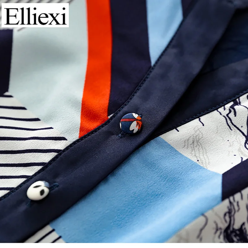 

Elliexi French Printed Long Dress For Women Elegant Stripe Print High Waist Slim Short Sleeve Button Office Lady Dress Female