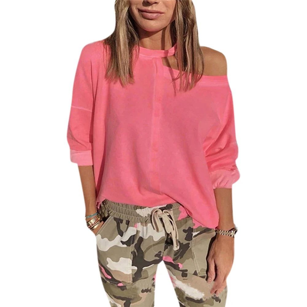 

Solid Color Fashion Hot Women Sport Tshirt One Shlouder Long Sleeve Casual Clothes Tee Round Neck Autumn Pullover Female#v