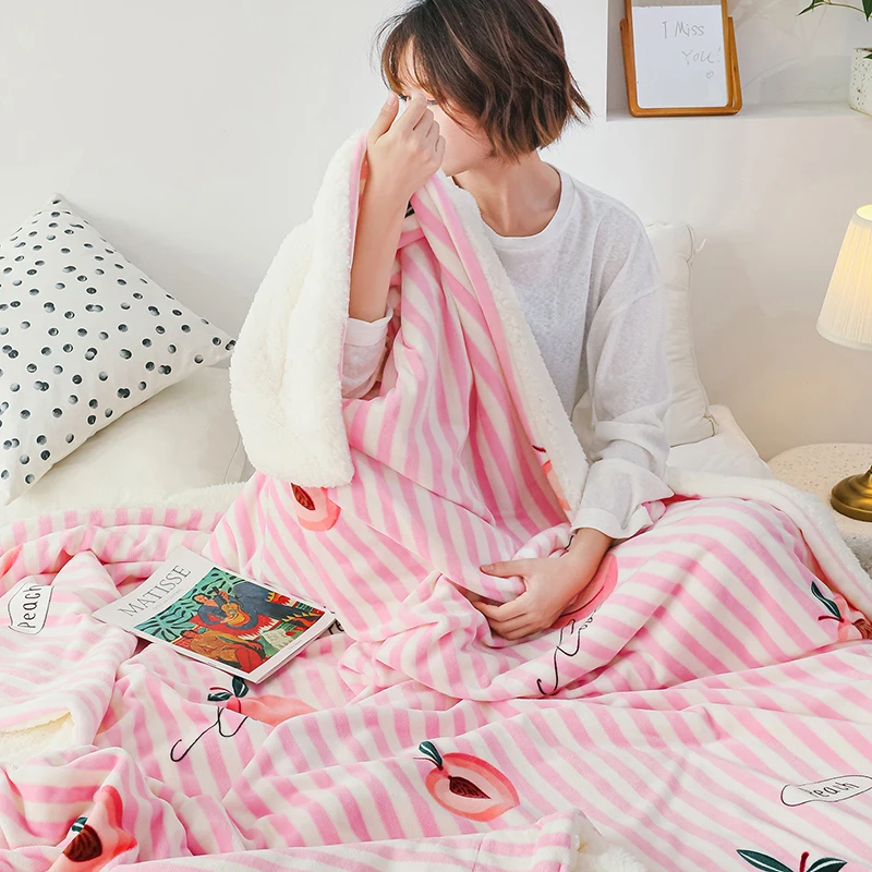 Stripe fleece blankets and throws Adult Thick Warm winter Blanket Home Super Soft duvet luxury pink fruits Blankets On Bedding | Дом и сад