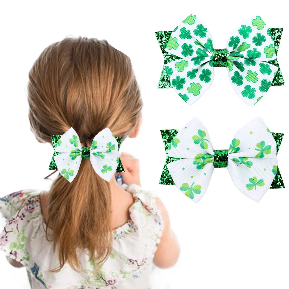

3.5" St. Patrick’s Day Chunky Glitter Children's Clip Clover Print Hairpin Girls Hair Bow Handmade Children's Hair Accessories