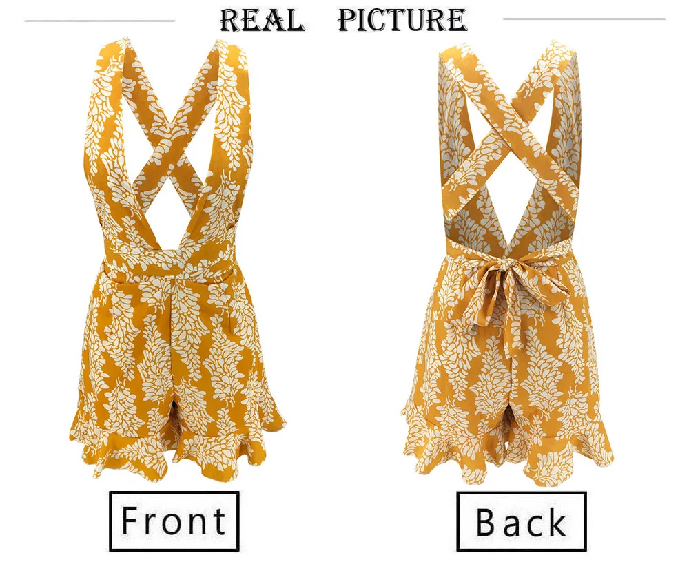 

Sexy Jumpsuits Women Summer Deep V Neck Print Back Cross Bandage Sleeveless Backless Short Rompers Female Slim Ruffles Jumpsuits