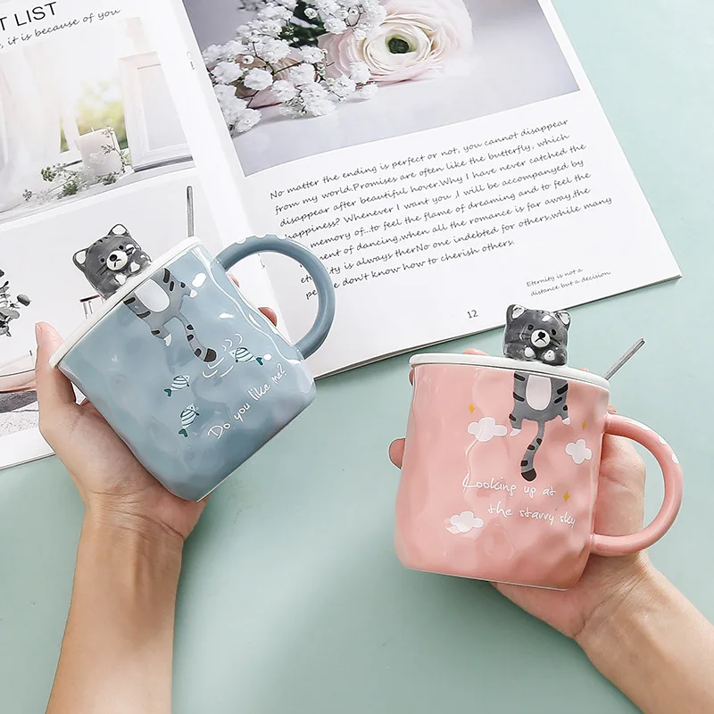 Creative Design Embossed Animal Mug with Lid Spoon Coffee Cute Cat Tea Cup Eco-friendly Drinkware | Дом и сад