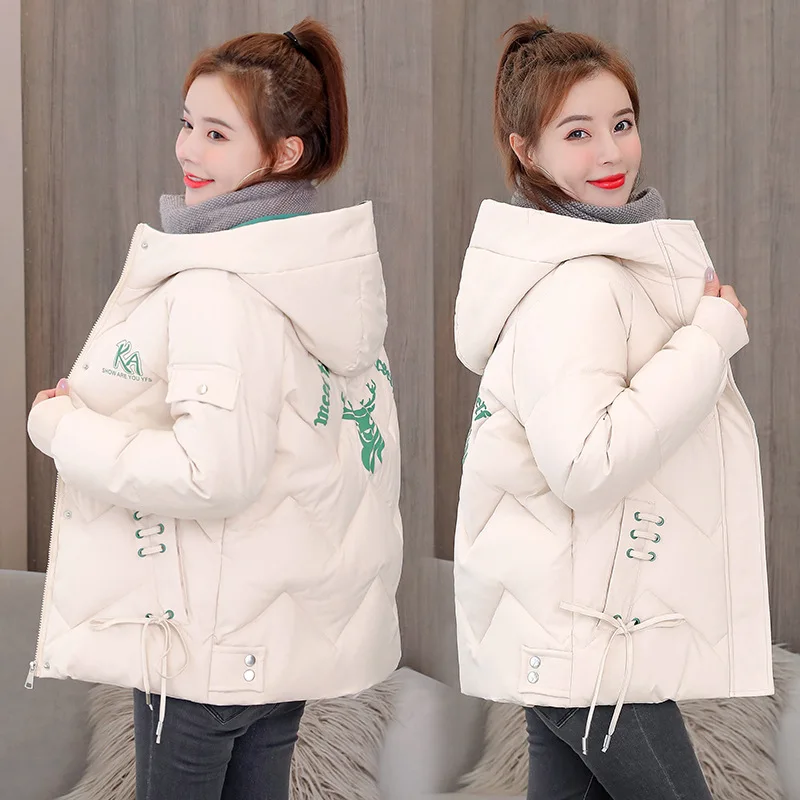 

Women Short Winter Jacket Hooded Back Print Windproof BIO Down Coat Oversize Cotton padded Parkas Casaco Feminino