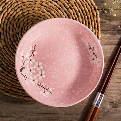 Pink Японский цветочный круглый керамический обеденный тарелка глазурь вишневый цвет фарфоровая тарелка неглубокая Тарелка Фруктовый десертный поднос тарелки для закуски тарелка - Цвет: Pink