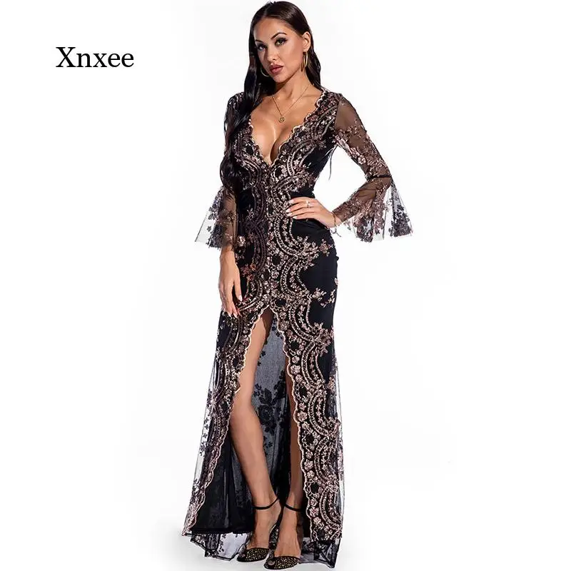 

Sequins Split Robe Beach Evening Long Sleeve Dresses Woman Gown Vestidos De Discoteca Parties Sexy Clubbing Prom Party Gowns