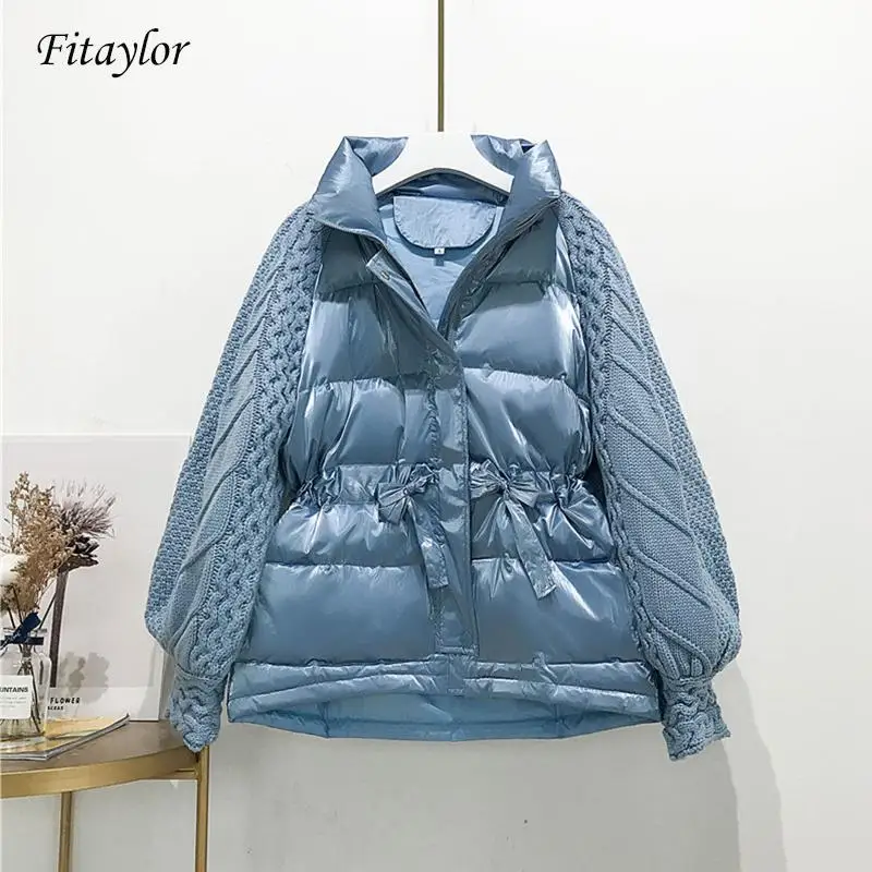Fitaylor, новинка, зимняя куртка, для женщин, вязаный пуховик, на молнии, белый утиный пух, короткая куртка, для женщин, для снега, теплое пальто - Цвет: Синий