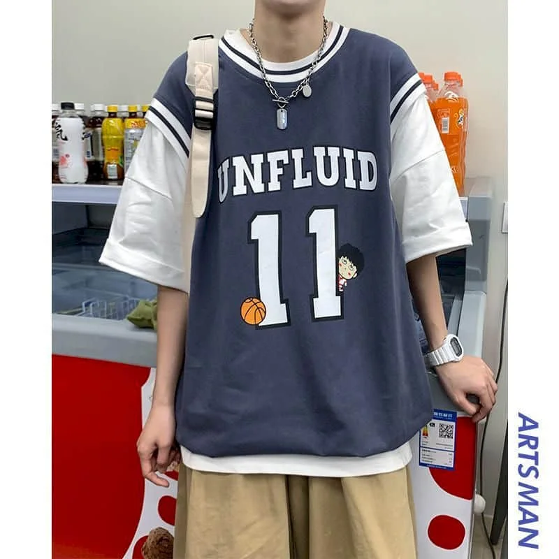 

Hip Hop short-sleeved T-shirt men women summer new retro fake two-piece jacket stitching printing sports style jersey T-shirt