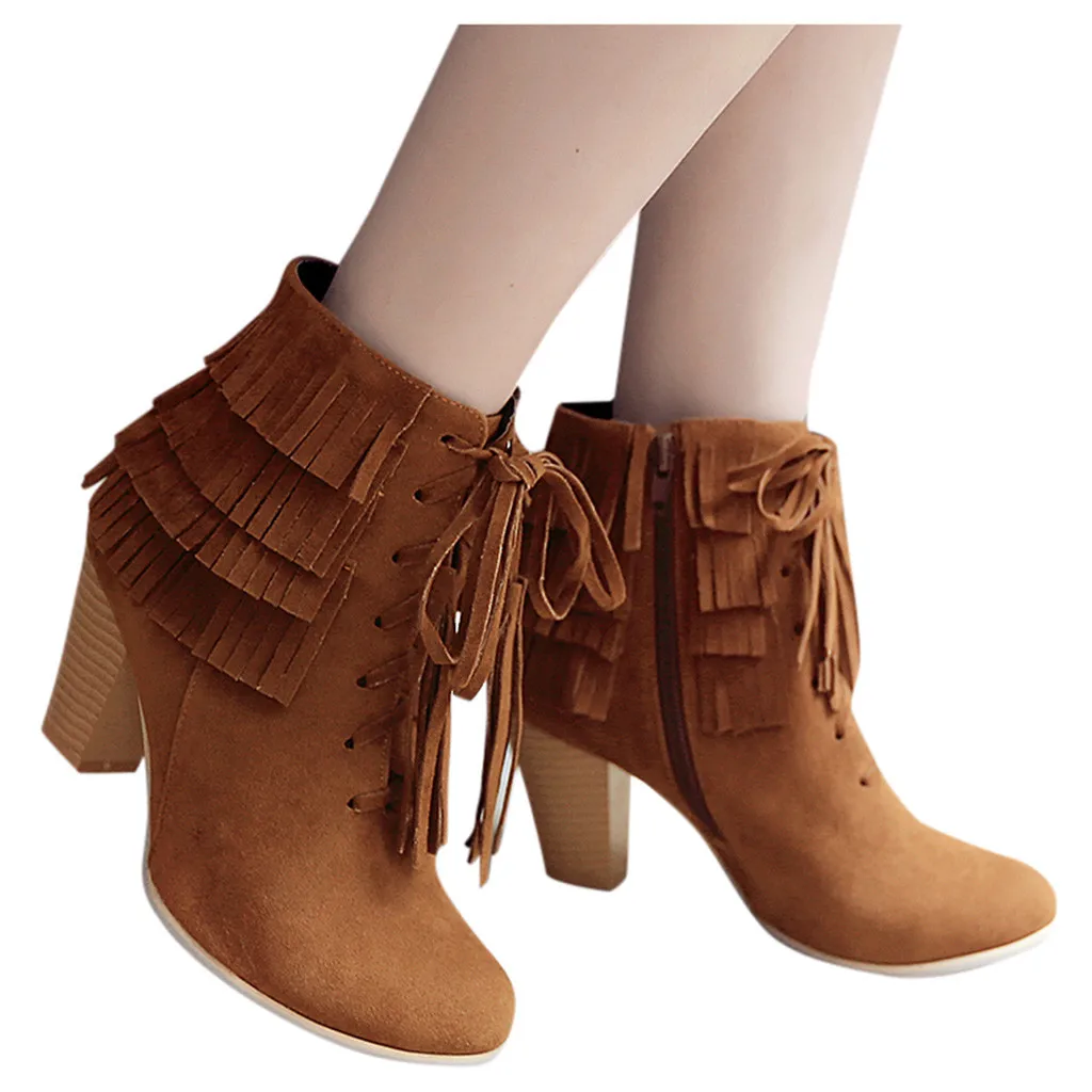 Женские ботильоны SAGACE на толстом каблуке с бахромой зимние короткие ботинки