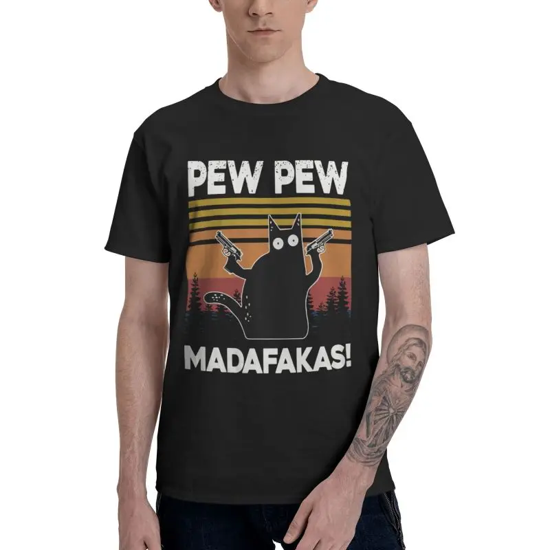 

Футболка мужская с принтом Humor Kawaii Pew Madafakas, хлопковая тенниска с коротким рукавом, Смешная майка в стиле Харадзюку с черным котом