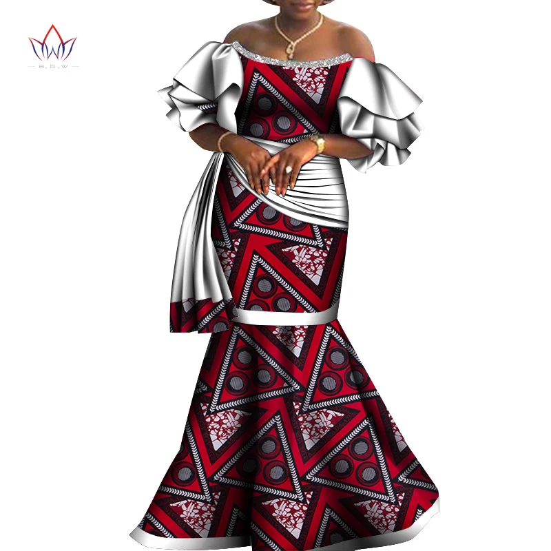 Bintarealwax Off-Shoulder Party Dress Dashiki Elegant Africa Style Clothing for Women Strapless Floor- Length Dresses  WY8794