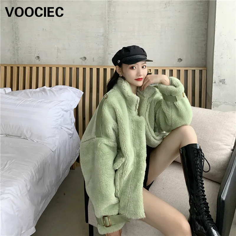 

VOOCIEC 2020 Winter Women jacket biker Velvet High Quality Coat Luxury Fur Coat casual OverCoat Thick Warm Female Plush Coat