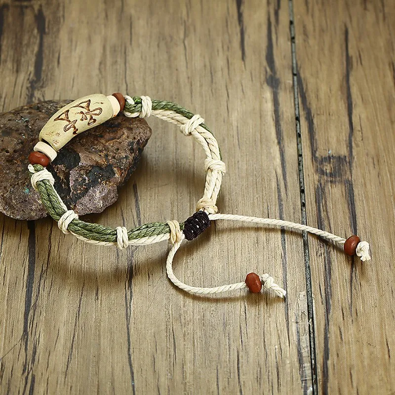 5 жильный мягкий браслет из пеньковой веревки с деревянными украшенными бусинами