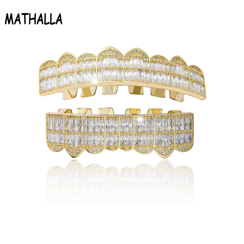 

MATHALLA 8 tooth Grillz Micro-Inlaid Baguette Bread Zircon Gold Silver Fashion Hip Hop Braces Grills Men's and Women's Jewelry