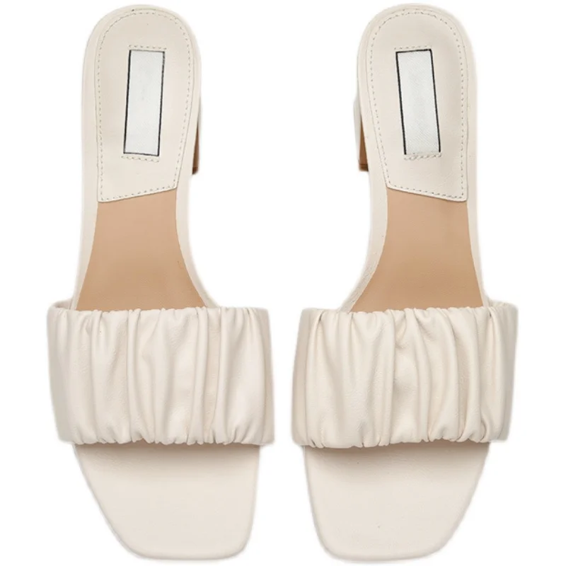 

High-Heeled Shoes Lady Ladies' Slippers Slipers Women Square Toe 2021 Block Soft Flat Rome Rubber Pleated Basic Scandals PU Slid