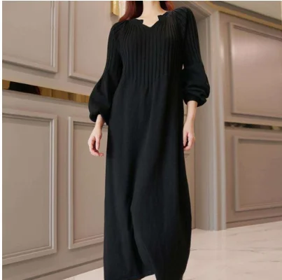 

SuperAen 2021 Autumn New Solid Loose Knit Long V Neck Straight Sweater Bottoming Dresses for Women