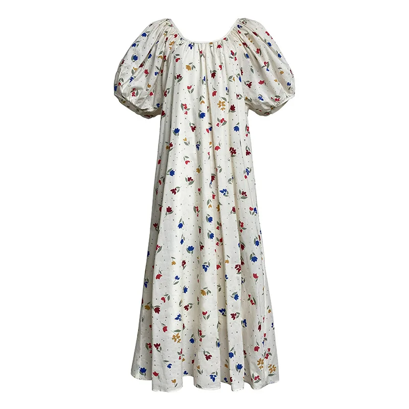 

Tulip Flower Short Sleeve Dress U-neck Open Back Medium Length Cotton And Hemp Floral Dress