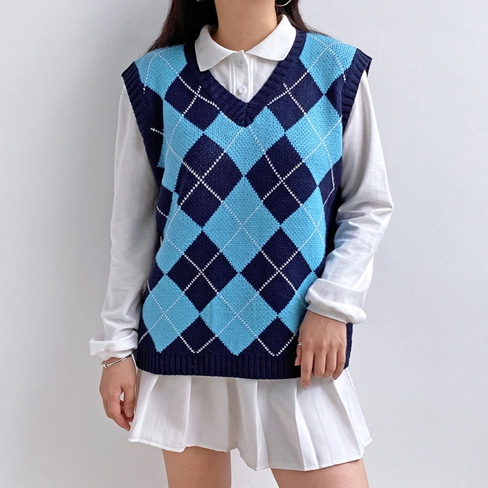 Для женщин Свитер с V образным вырезом эффектом съемной жилетки клетчатая