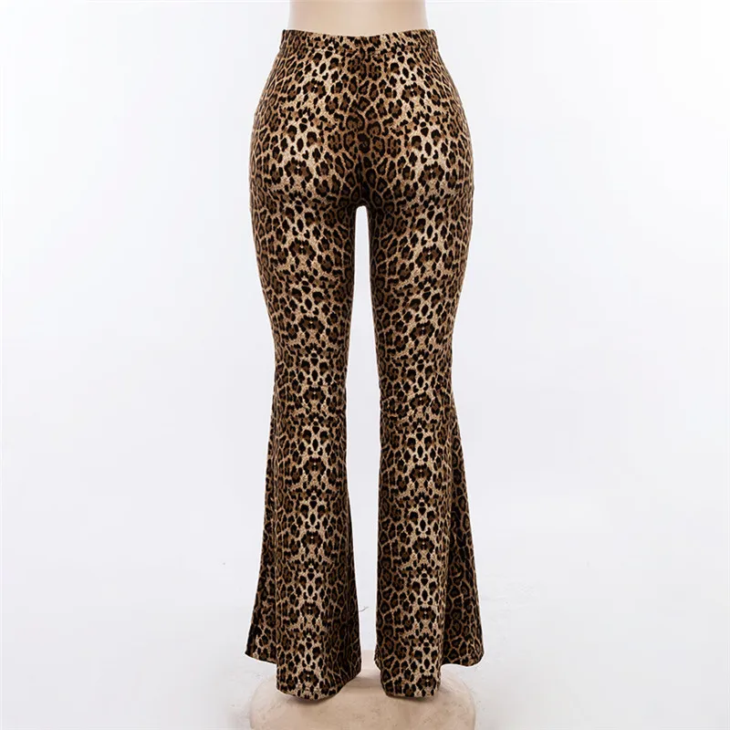 

Womens Summer Leopard Print Flare Pants Push Up Long Pant Women Chiffon Wide Leg Pants Ladies Flared Trousers Bell Bottom