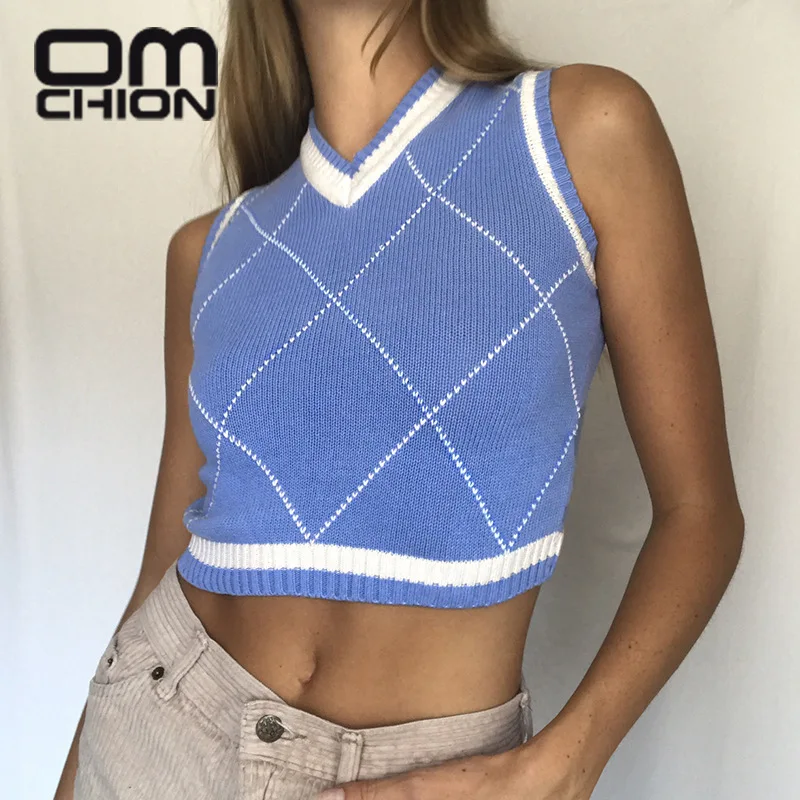 

OMCHION Pull 2021 New College Style Blue Wool Knitted Vest Women Sexy Vintage Plaid Knitted Short Sleeveless Sweater Vest LN15
