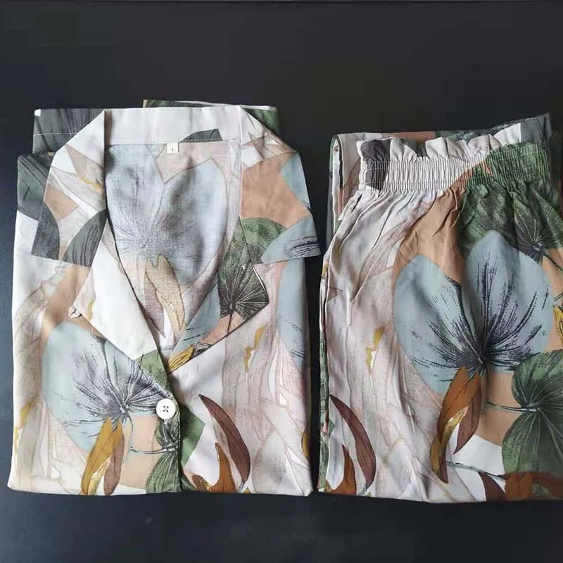 2019 Women's Short-sleeved Palm Leaf Printing Cropped Trousers Pajamas Set Leaves Lapel Casual plus Size Loose Thin Sleepwear