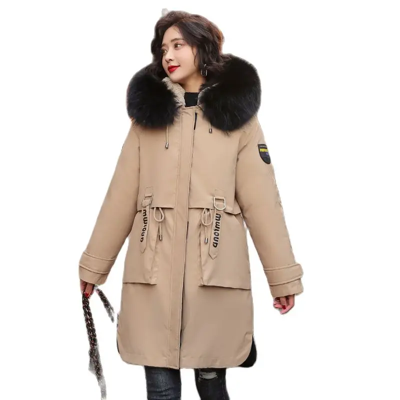 Korean Version Of Fashion 2022 New Style Pie Overcoming Coat Female Long Plus Velvet Liner Big Fur Collar Cotton Jacket