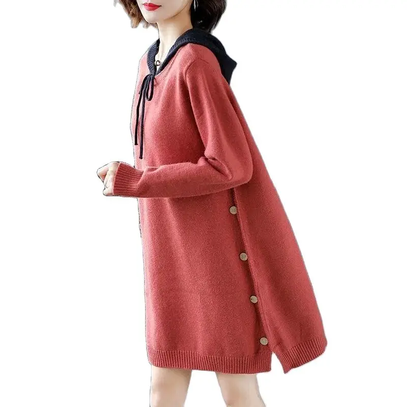 

Autumn/Winter 2021 New Style Loose Outer Jacket Hooded Mid-Length Bottoming Shirt Western Style Sweater Dress Women Trend M297