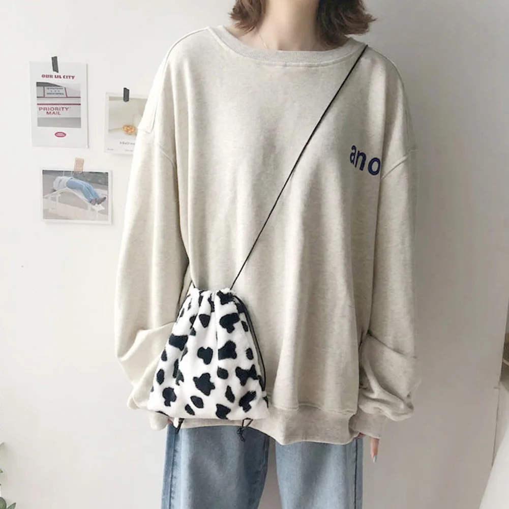 

Fashion Exquisite Shopping Bag Cow Milk Printed Plush Crossbody Bags Women Girl Drawstring Shoulder Small Pouch