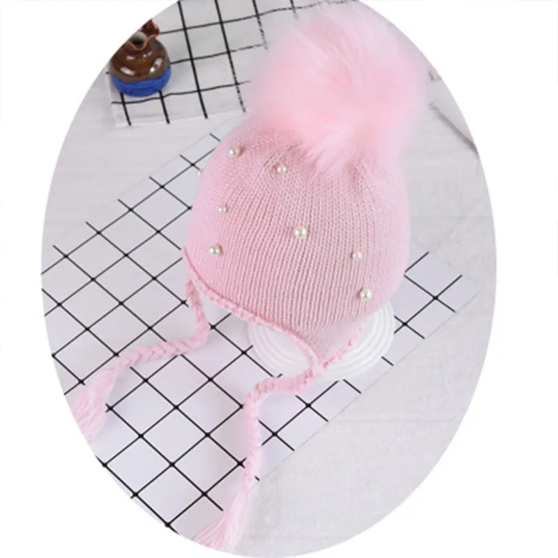 Pearl Pom Fur Ball Baby Winter Hats For Girls Kids Hat Ear Warm Lace-Up Cap Casquette Enfant Girl Newborn Bonnet | Детская одежда и