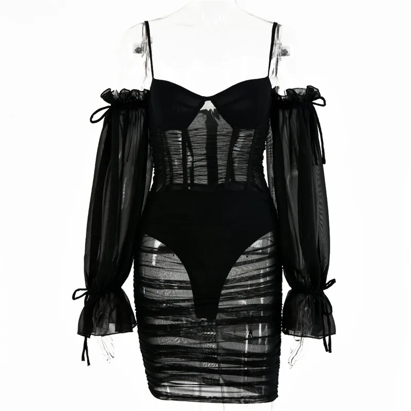 

Lantern Sleeve Bodycon Dress Women Summer Strap Black Backless Mini Dress Partywear Ladies Elegant