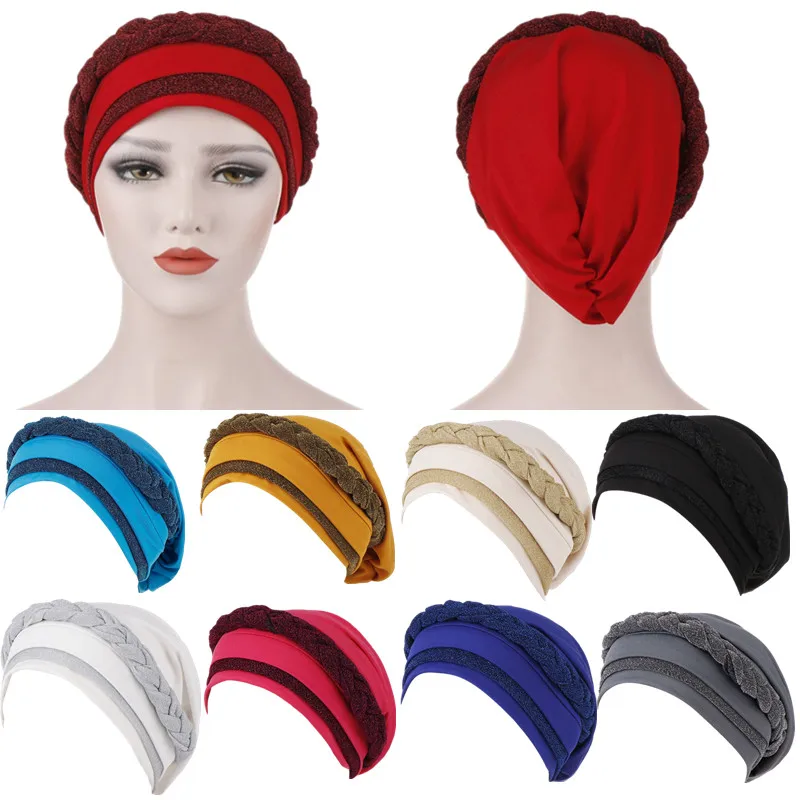 

Women Muslim Turban Cap Glitter Twisted Braid Hair Loss Head Wrap Stretch Beanies Cancer Chemo Hat Hijab Headscarf