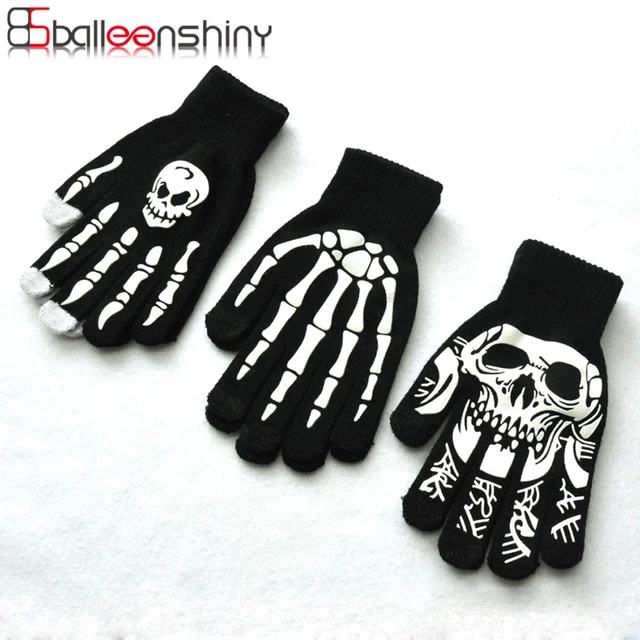 Balleenshiny Fluorescent Skeleton Gloves for Children Boys Girls Mittens Skull Gloves Warm Winter Print Knitting Luminous Gloves 1