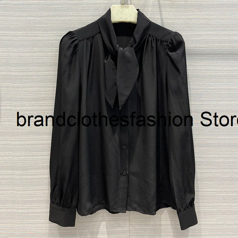 

2021 High-End Fashion Black Solid 100% Silk Blouse Women Top Quality Tie Collar Long Sleeve Single Breasted Casual Pleated Shirt
