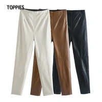 toppies winter white skinny pants high waist pu leather pencil pants ladies slim trousers streetwear